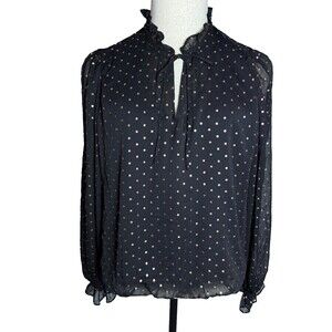 Haver London Chiffon Blouse, Sz XL, Black w/ Gold Dots, Ruffles, Sheer Sleeves
